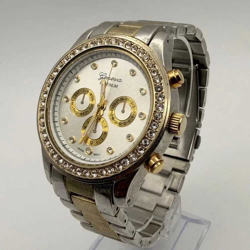 Elegant Geneva Platinum Two-tone Women's Crystal Quartz Watch, Working